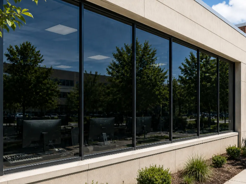 Commercial building exterior with solar control film across a continuous window wall.