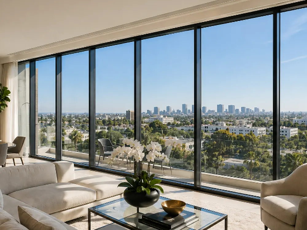 Floor-to-ceiling living room windows with solar film holding back afternoon glare over the city skyline.